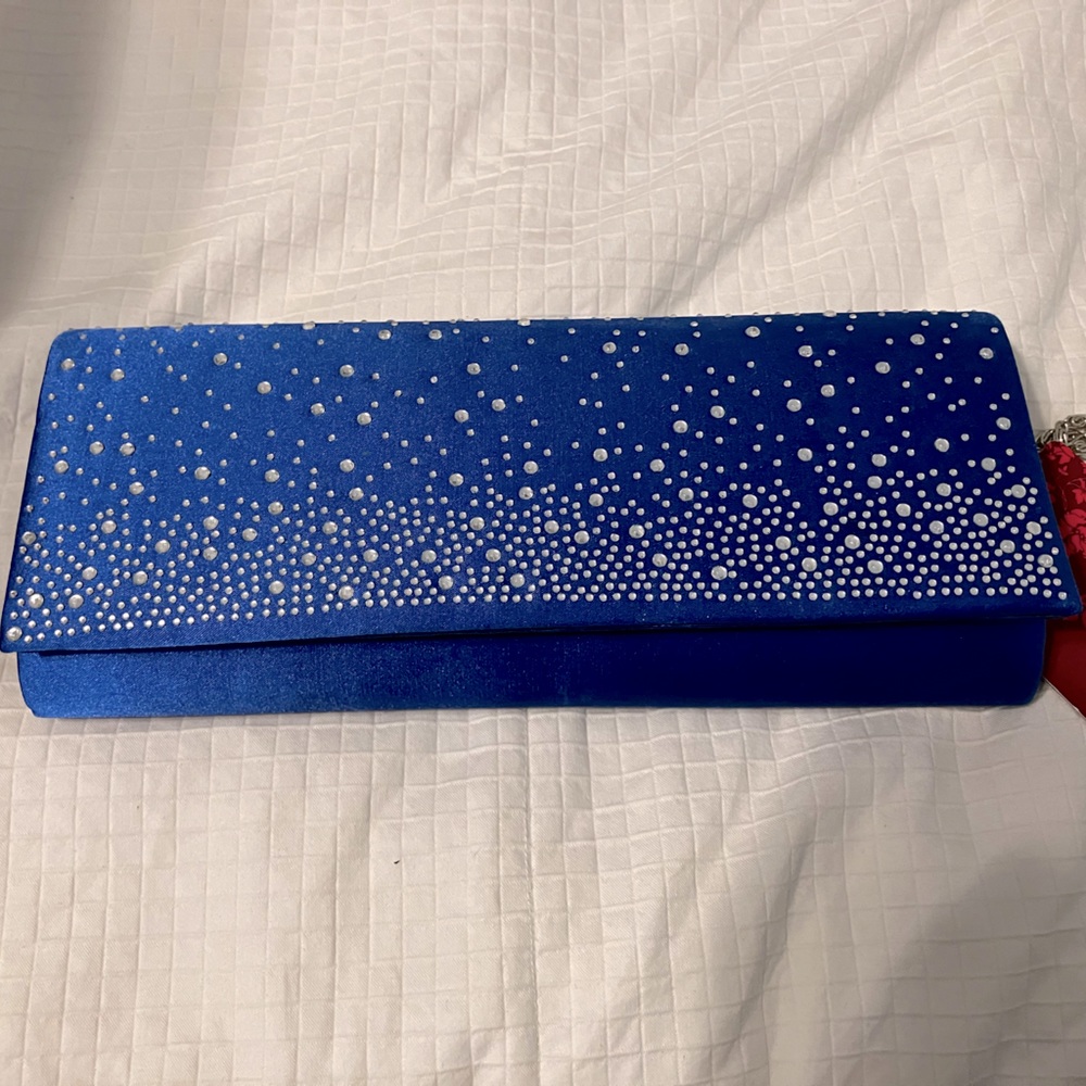 NWT Blue Satin Jeweled Clutch